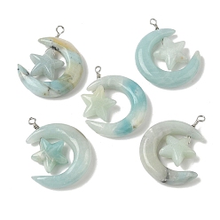 Flower Amazonite Подвески из натуральных цветов амазонита, луна со звездными чарами, с петлями из медной проволоки, платина, 36~37x27~28x7.5~8 мм, отверстие : 4 мм