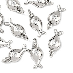Real Platinum Plated SHEGRACE Brass Clear Cubic Zirconia Charms, Fish Charms, Cadmium Free & Lead Free & Nickel Free, Real Platinum Plated, 12x6x2.5mm, Hole: 2.5mm