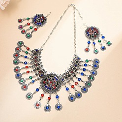 Разноцветный Комплекты ожерелий и сережек-подвесок из богемского сплава с полыми монетами и стразами, античное серебро, красочный, ожерелья: 500мм; серьги: 92x40мм и 145x54мм