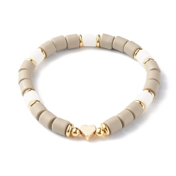 Silver Handmade Polymer Clay Beads Stretch Bracelets, with Brass Beads, Heart, Silver, Inner Diameter: 2~2-1/8 inch(5.2~5.3cm)