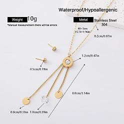 Oro 304 Conjuntos de pendientes de acero inoxidable y collares con borlas de discos de reloj para mujer, dorado, 15.75 pulgada (40 cm)