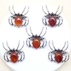 Red Agate Брошь из натурального красного агата, паук, античное серебро, 36x34 мм