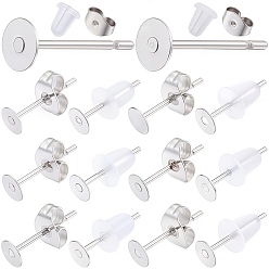 Нержавеющая Сталь Цвет 300 шт. 304 нержавеющая сталь плоская круглая пустая сережка штифт, серьги-гвоздики с плоской подушечкой и кабошоном, с ушными гайками 600 шт., цвет нержавеющей стали, 12x4 мм, штифты : 0.6 мм