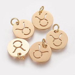 Taurus 304 Stainless Steel Charms, Flat Round with Constellation/Zodiac Sign, Golden, Taurus, 12x1mm, Hole: 3mm