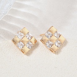 Настоящее золото 18K Серьги-гвоздики из латуни с микропаве из кубического циркония в форме ромба для женщин, реальный 18 k позолоченный, 14.5x14.5 мм