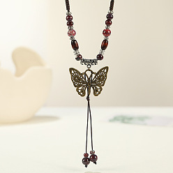 Темно-Красный Длинные ожерелья с подвеской в виде бабочки из сплава и фарфора в этническом стиле для женщин, античная бронза, темно-красный, 15.75~31.50 дюйм (40~80 см)