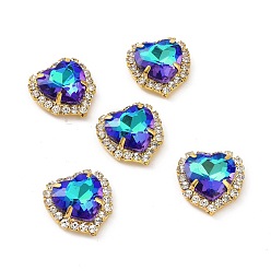 Бермудские Голубой Сердце пришить стразами, граненый стеклянный горный хрусталь, многожильных ссылки, с оправой из латуни золотистого цвета со стразами, Бермуды синий, 17x16x6 мм, отверстие : 1 мм