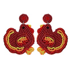 Темно-Красный Сплав мотаться серьги стержня, со стеклянным бисером, петух, темно-красный, 59x47 мм