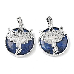 Ляпис-Лазурь Плоские круглые подвески из натурального лазурита, латунные драконьи драгоценные камни амулеты, платина, стойки покрытие, без кадмия и без свинца, 31.5x27x7.5~8.5 мм, отверстие : 8x5 мм