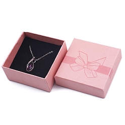 Pink Бантовый принт крафт-бумага картон ювелирные изделия ожерелье подарочные коробки, квадрат с губкой внутри, розовые, 7x7x3.5 см