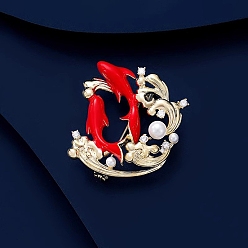 Красный Булавка с эмалью в виде рыбы, брошь из сплава кубического циркония для рюкзака, с имитацией жемчужина бисера, красные, 41x37 мм