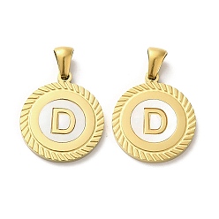 Letter D Ионное покрытие (ip) 304 подвески из нержавеющей стали, плоские круглые подвески-ракушки с буквой, золотые, Буква D, 20.5x17.5x1.5 мм, отверстие : 2.5x4.5 мм