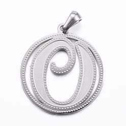 Letter O Non-Tarnish 304 Stainless Steel Pendants, Flat Round with Letter, Stainless Steel Color, Letter.O, 28x25x1.2mm, Hole: 6x3.5mm