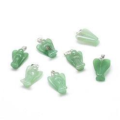 Зеленый Авантюрин Естественный зеленый драгоценный камень авантюрин подвески, с латунной фурнитурой платинового цвета, ангел, 22~24x14~15x7 мм, отверстие : 7x3 мм