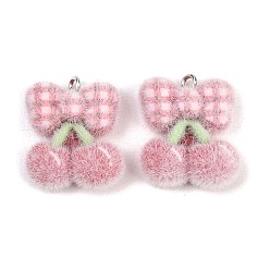 Индийский Красный Флокированные подвески из непрозрачной смолы, Подвеска в виде вишни с клетчатым бантиком и платиновой железной петлей., Индийская красная, 22x18.5x7 мм, отверстие : 2 мм