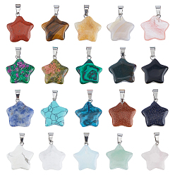 Mixed Stone 20Pcs 20 Styles Natural & Synthetic Mixed Gemstone Pendants, Star Charms with Platinum Tone Brass Bails, Mixed Dyed and Undyed, 22~23x20~24x5~7mm, Hole: 2x7mm, 1pc/style 