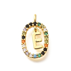 Letter E Латунные микро проложить кубического циркония подвески, без кадмия, без никеля и без свинца, реальный 18 k позолоченный, овал с подвесками в виде букв, Письмо E, 18.5x11x3.5 мм, отверстие : 2x1.5 мм