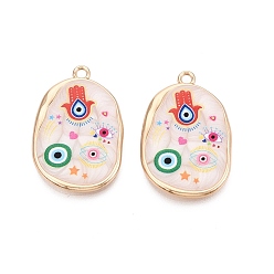 Разноцветный Печатные эмали подвески сплава, овальные амулеты, амулеты от сглаза и амулеты в виде руки Хамса, стойки покрытие, без кадмия и без свинца и без никеля, золотые, красочный, 35x23x3 мм, отверстие : 2.2 мм