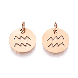 Водолей 304 прелести нержавеющей стали, плоский круглый с созвездием / знак зодиака, розовое золото , Водолей, 12x1 мм, отверстие : 3 мм