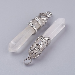 Quartz Crystal Natural Quartz Crystal Big Pointed Pendants, Rock Crystal, with Alloy Findings, Faceted, Bullet, Platinum, 59~63x11~12mm, Hole: 4x7mm