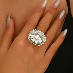 Платина Кольца из цинкового сплава в форме ракушки с пластиковым жемчугом, платина, внутренний диаметр: 18 мм