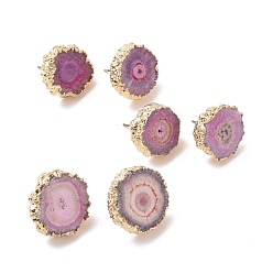 Plum Natural Dyed Quartz Stud Earrings, with Brass Findings, Flat Round, Golden, Plum, 14~22x14~22x5~6mm, Pin: 0.7mm