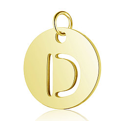 Letter D 304 Stainless Steel Charms, Flat Round with Letter, Golden, Letter.D, 12x1mm, Hole: 2.5mm