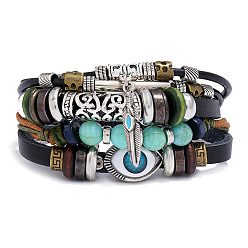 Brown Cowhide Leather Multi-strand Bracelets, Wood Beaded Adjustable Bracelet with Alloy Feather Charms, Brown, 6-3/4 inch(17cm)