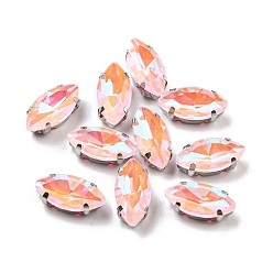 Розовый Мокко флуоресцентный(ми) конский глаз, пришитый стразами, многожильных ссылки, с настройками латуни, аксессуары для одежды, светло-розовый, 12x6x4~5 мм, отверстие : 1 мм