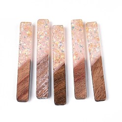 Розовый Подвески из непрозрачной смолы и орехового дерева, прямоугольник амулеты, с блестящей пудрой и золотой фольгой, туманная роза, 51.5~52x7~7.5x3~4 мм, отверстие : 2 мм