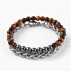 Tiger Eye Unisex Stretch Bracelet and Chain Bracelet Jewelry Sets, Stackable Bracelets, with Natural Tiger Eye & Non-Magnetic Synthetic Hematite Beads, 304 Stainless Steel Wheat Chains and Burlap Bag, Round, Stretch Bracelet: 2-1/4 inch(5.85cm), Chain Bracelet: 7-1/4 inch(18.5cm), 2pcs/set