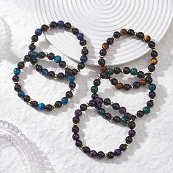 Смешанные камни Женские браслеты с круглыми бусинами из натурального тигрового глаза, безглазого обсидиана и немагнитного синтетического гематита, окрашенная и подогревом, бусина : 8.5 mm, внутренний диаметр: 2-1/8 дюйм (5.3 см)