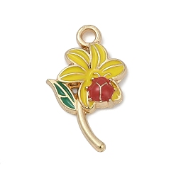 Золотистый Подвески из эмали и сплава, цветок с подвеской в виде божьей коровки, золотые, золотые, 22x12x2.5 мм, отверстие : 1.8 мм