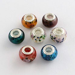 (52) Непрозрачная лаванда Rondelle Lampwork большого отверстия европейские шарики, с латунными сердечниками с серебряным покрытием, разноцветные, 13~14x10~11 мм, отверстие : 5 мм
