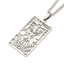 Stainless Steel Color Non-Tarnish 304 Stainless Steel Pendant Necklaces, with Curb Chain, Rectangle with Tarot, Stainless Steel Color, 23.35~23.50 inch(59.3~59.7cm)
