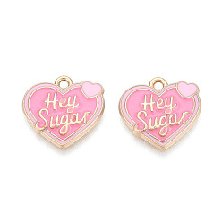 Pink Подвески из эмали и сплава, сердце со словами-подвесками, золотые, без кадмия, без никеля и без свинца, розовые, 17.5x18x2.5 мм, отверстие : 1.8 мм