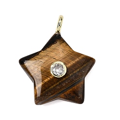 Тигровый глаз Природных тигровый глаз подвески, Подвески в виде звезд с латунными фианитами в оправе из кубического циркония, золотые, 35.5~37x29.5~31.5x8.5~10.5 мм, отверстие : 4 мм