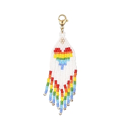 Colorful Handmade Loom Pattern Seed Beads Tassels Pendants Decoration, with 304 Stainless Steel Lobster Claw Clasps, Heart, Colorful, 65mm