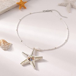 Белый Ракушка в виде морской звезды с подвеской из стразов, белые стеклянные бусы, ожерелье для женщин, белые, 16.93 дюйм (43 см)