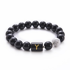 Letter Y 10MM Natural Black Onyx(Dyed & Heated) and Howlite Beaded Stretch Bracelets, Alphabet Bracelets, Letter Y, 6.60 inch(16.76cm)~8.50 inch(21.58cm)