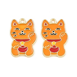 Naranja Colgantes de la aleación del esmalte, amuletos maneki neko, dorado, naranja, 26x17x1.5 mm, agujero: 2 mm