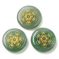 Зеленый Авантюрин Естественный зеленый авантюрин кабошонов, плоский круг с выгравированной золотой гексаграммой, 25~26x6~7 мм