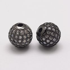 Gunmetal Brass Micro Pave Cubic Zirconia Beads, Round, Gunmetal, 10x9.5mm, Hole: 2mm