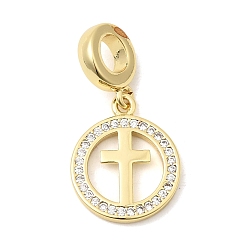 Ring Латунные подвески из прозрачного кубического циркония в европейском стиле, религия большие дырки подвески, долговечный, без кадмия и без свинца, стойки покрытие, реальный 18 k позолоченный, кольцо с крестом, 25.5 мм, отверстие : 4.5 мм