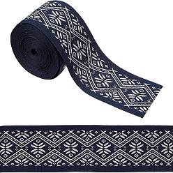 Flower Ethnic style Embroidery Polyester Ribbons, Jacquard Ribbon, Garment Accessories, Prussian Blue, Flower, 1-7/8 inch(48mm), 5 yards/bag