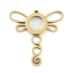 Настоящее золото 18K Ионное покрытие (IP) 304 медальон из нержавеющей стали, большие подвески, со стеклом, очарование стрекозы, реальный 18 k позолоченный, 50x47.5x6 мм, отверстие : 2.2 мм