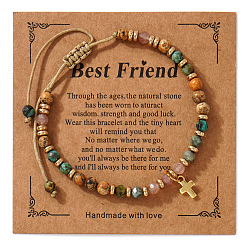 Смешанные камни Браслеты с подвесками в виде латунных крестиков на тему дружбы, Регулируемые браслеты из натуральных круглых бусин с драгоценными камнями для мужчин, золотые, с открытки, 11.02 дюйм (28 см)