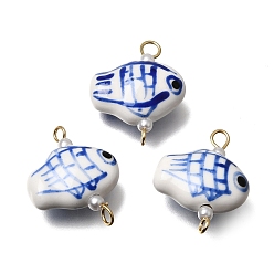 Fish Фарфоровые звенья ручной работы сине-белого цвета, с 304 нержавеющей сталью и искусственным жемчугом, рыба, 22.5x17.5x8.5 мм, отверстия: 1.8 мм / 2.2x2.4 мм
