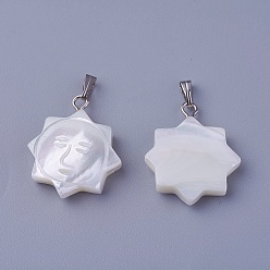 Shell Shell Pendants, with Brass Findings, Sun, Platinum, 23~24x18~19x4~5mm, Hole: 2.5x5mm