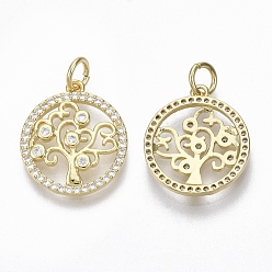 Golden Brass Micro Pave Cubic Zirconia Pendants, with Jump Ring, Nickel Free, Ring with Tree, Clear, Golden, 17.5x15.5x2mm, Hole: 3mm